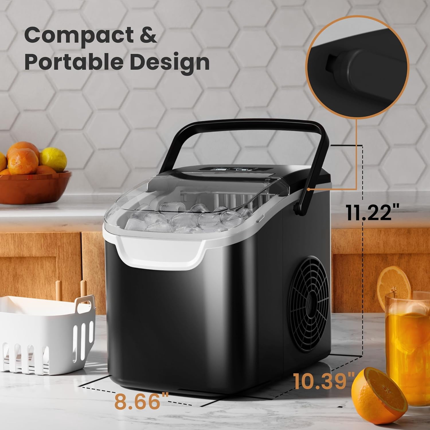 Moifoi Ice Maker Countertop , Portable Ice Machine 26.5lbs/24H, Ready in 6 Mins/9 Pcs with Self-Cleaning,Black