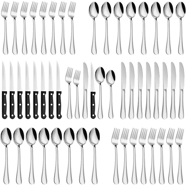 Silverware Set, MASSUGAR 48-Piece Silverware Utensil Set with Steak Knives for 8, Stainless Steel Flatware Cutlery Set for Home Kitchen Restaurant Hotel, Include Knife/Fork/Spoon, Dishwasher Safe