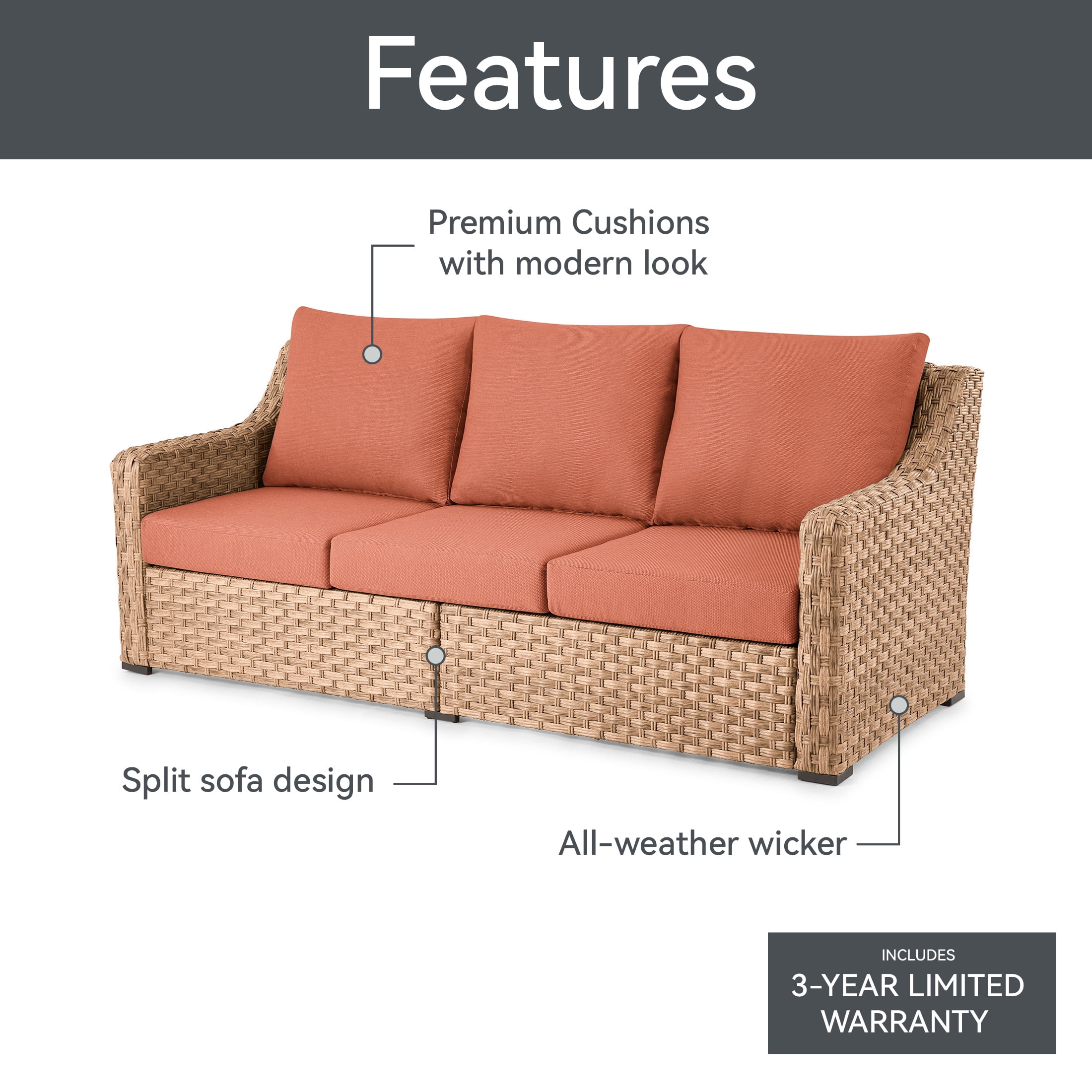 Better Homes & Gardens River Oaks Outdoor Sofa & 2 Nesting Tables with Patio Cover, Red