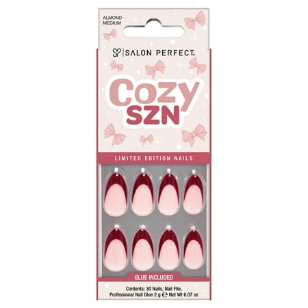 Salon Perfect Halloween Fall Artificial Fake Press On Nails, 405 Burgundy French, Medium Almond, File, Glue and Prep Pad Included, 30 Nails