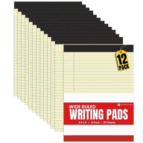 1InTheOffice Yellow Legal pads 8.5 x 11, Perforated Wide Ruled Writing Pads, Yellow Legal Pads 50 Sheets per Notepads, 12/Pack