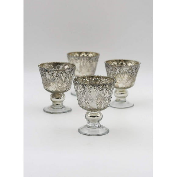 Serene Spaces Living Antique Silver Coupe, Set of 4, Vintage-Inspired Silver Vase Adds Elegance to Any Space, Use for Home Décor, Event Centerpieces and Much More, 4” H x 3.5” Diameter