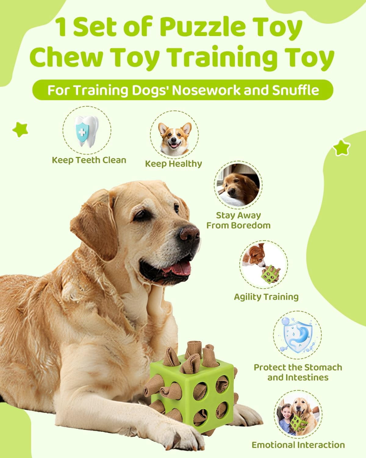 Interactive Dog Puzzle Toy for Natural Foraging Skills, Durable Snuffle Cube with Cloth Strips for Hide & Seek Treats, Slow Feeder for Mental Stimulation and Stress Relief in Green