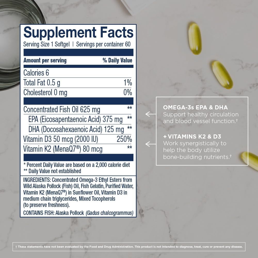 Wiley’s Finest Wild Alaskan Fish Oil Vitamin K2 & D3 Softgels - 500mg of EPA and DHA Omega-3s for Bone and Heart Health Support - 60 Softgels (60 Servings)