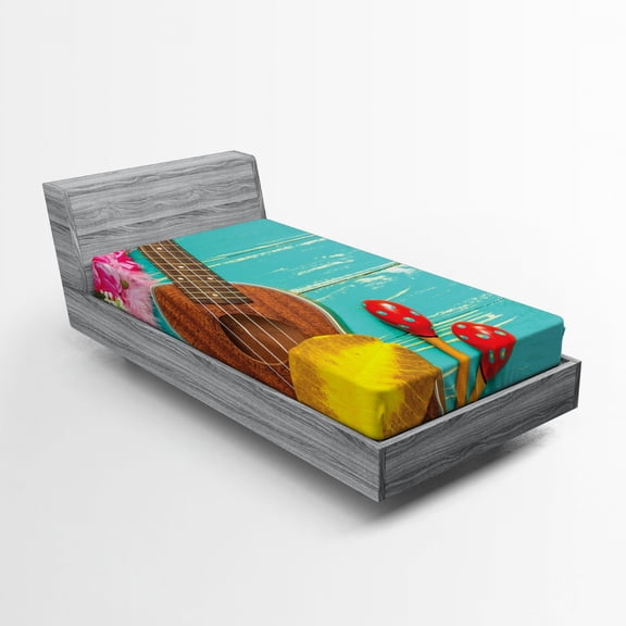 Ambesonne Music Fitted Sheet, Hawaiian Summer Ukulele, Twin Size, Yellow Brown Aqua