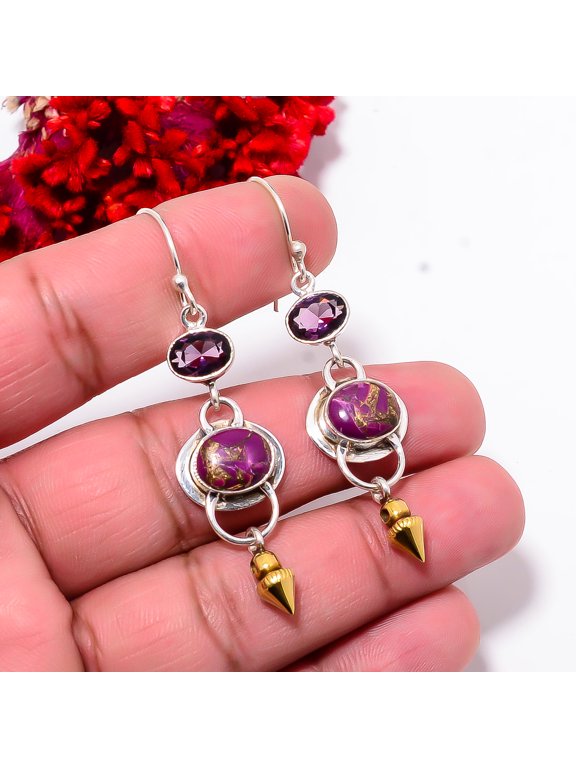 Copper Purple Turquoise 925 Sterling Silver Two Tone Arrow Head Earring 2.34" E102834, Christmas Gift