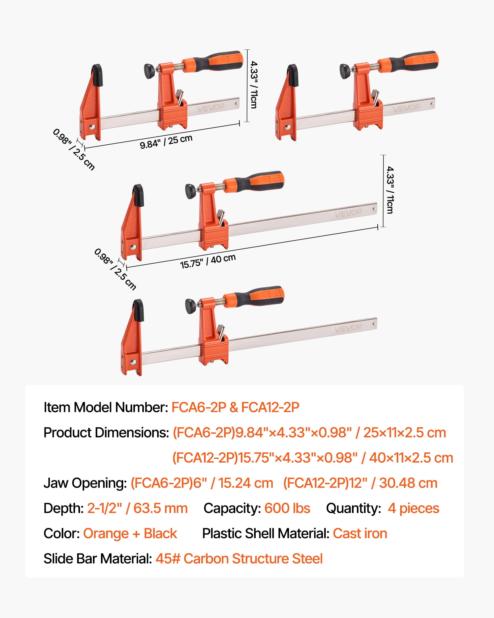 VEVOR Bar Clamps for Woodworking, 2-Pack 6 inch and 2-Pack 12 inch, Lockable F-Clamp with 600 lbs Load Limit, 2-1/2 inch Depth, Cast Iron and Carbon Steel, Wood Clamps for Woodworking Metal Working
