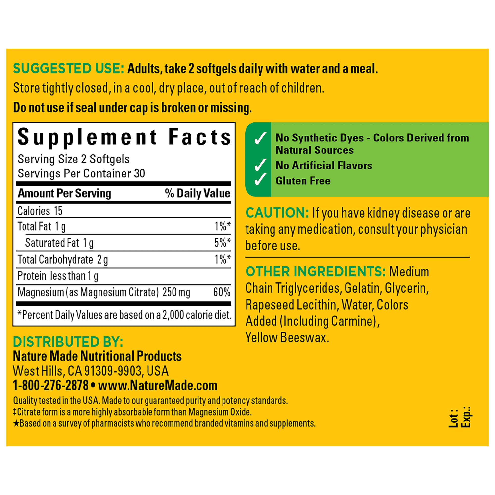 Nature Made Magnesium Citrate 250 mg Softgels Dietary Supplement for Muscle Support, 60 Ct