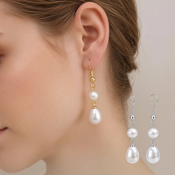 Faux Pearl Drop Earrings for Women, 2 Pairs Gold Tone and Silver Tone Dangle Earrings, Copper Pearl Jewelry with Teardrop Design for Everyday Wear