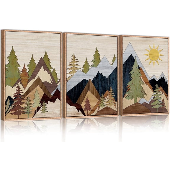 Mountain Pine Tree Framed Canvas Wall Art Set, Nature Wilderness Illustration Wall Decor, Woodcut Forest Wall Painting, Mid Century Modern Art Print for Living Room Bedroom Office 16"x24"x3