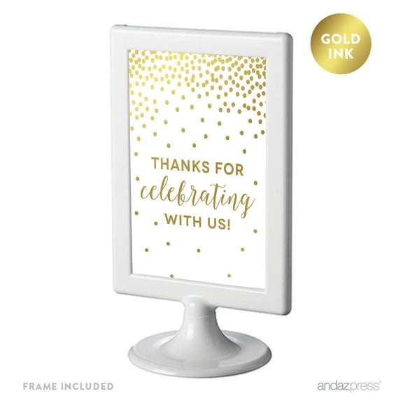 Metallic Gold Confetti Polka Dots 4x6-inch Party Signs, Thank You for Celebrating With Us, Includes Frame