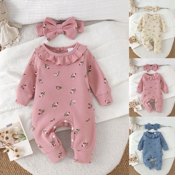 Faraee Newborn Baby Girl Floral Romper Set Waffle Knit Long Sleeve Ruffle Jumpsuit with Bow Headband 0 3 6 9 Months Infant Fall Winter Outfit