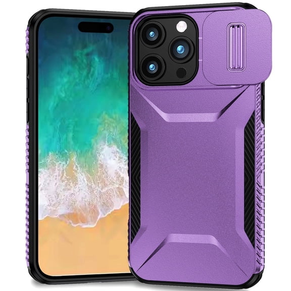 TJS for iPhone 16 Pro Max Phone Case, Slide Camera Cover Shockproof TPU PC Lens Protection Cover (Purple)