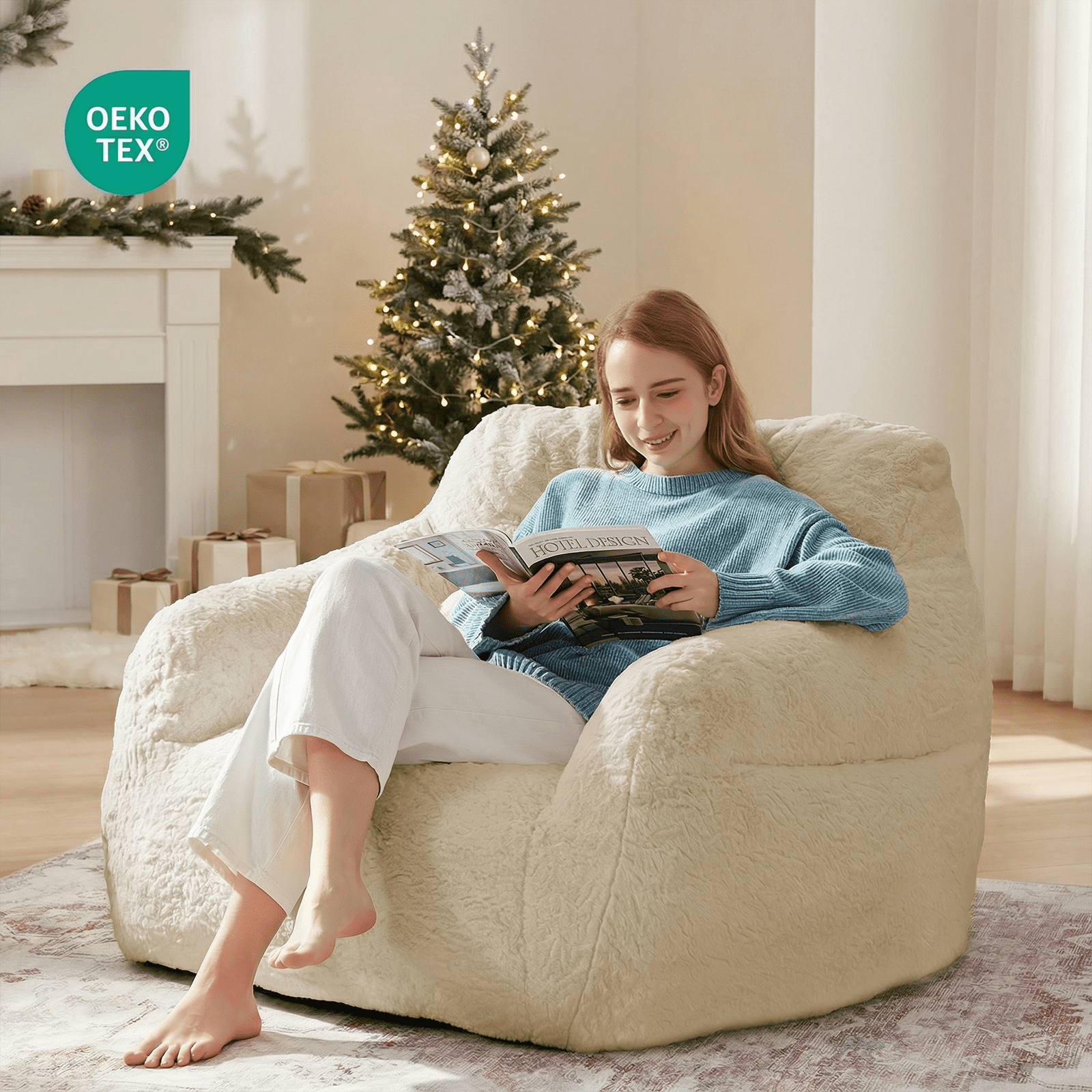 Ebenchico 3.8ft Oversized Bean Bag Chair for Adults Teens Kids, Beanbag Chairs with Pillow, Reading Gaming Relaxing Chair, Apricot