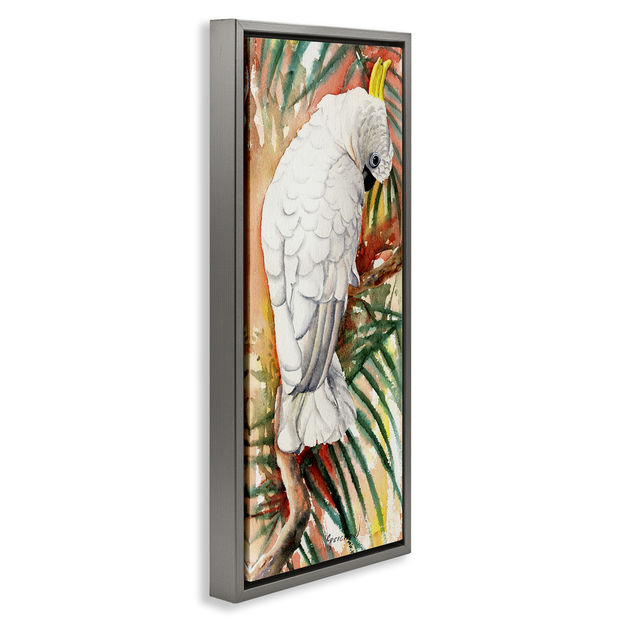 Stupell Industries Cockatoo Among Leaves Animals & Insects Painting Gray Floater Framed Canvas Art Print Wall Art, 11 x 25