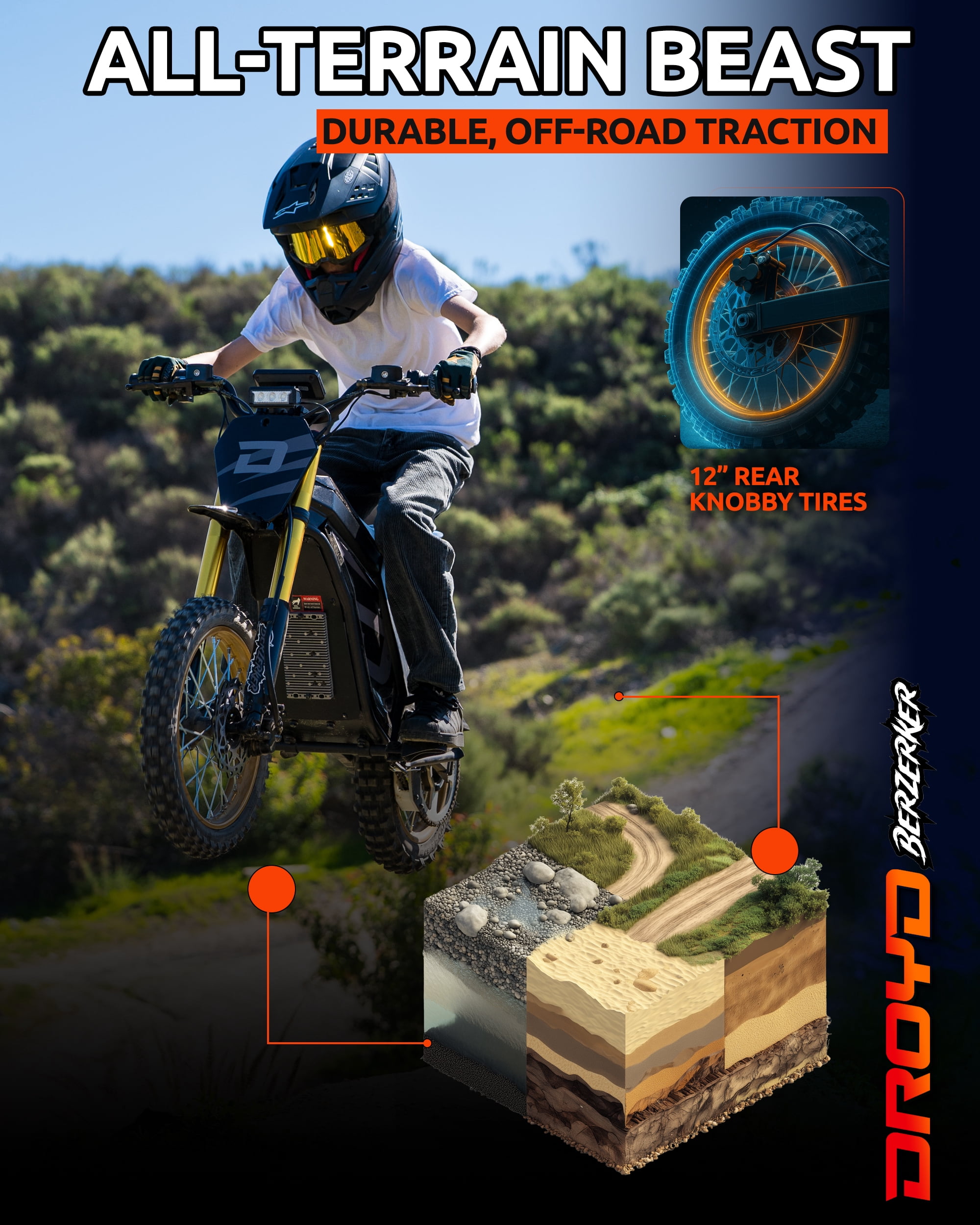 Droyd Berzerker Electric Dirt Bike for Kids 13+, Teens & Adults – 3000W Peak Motor, 48V 30Ah LFP Battery, 42 MPH Max Speed, 50 Mile Range, Hydraulic Brakes, Adjustable Suspension, Off-Road