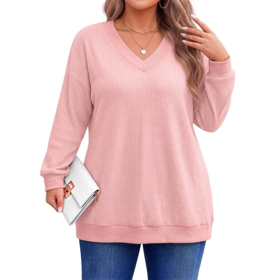 Fantaslook Waffle Knit Sweatshirts for Women Long Sleeve V Neck Sweater Shirts Pullover Casual Outfits Plus Size Fall Tops