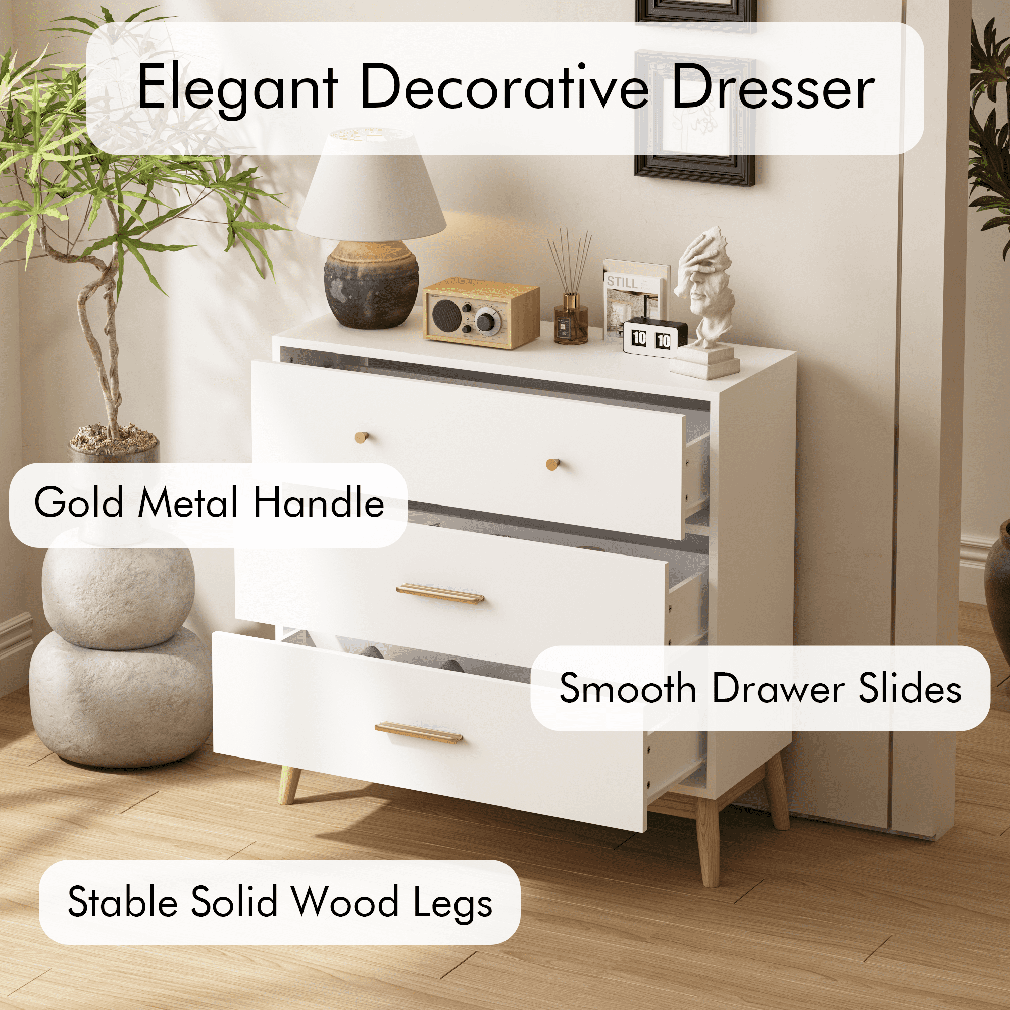 TrumanPick Nordic 3-Drawer White Dresser with Rose Gold Handles & Solid Wood Base - Small Space Storage
