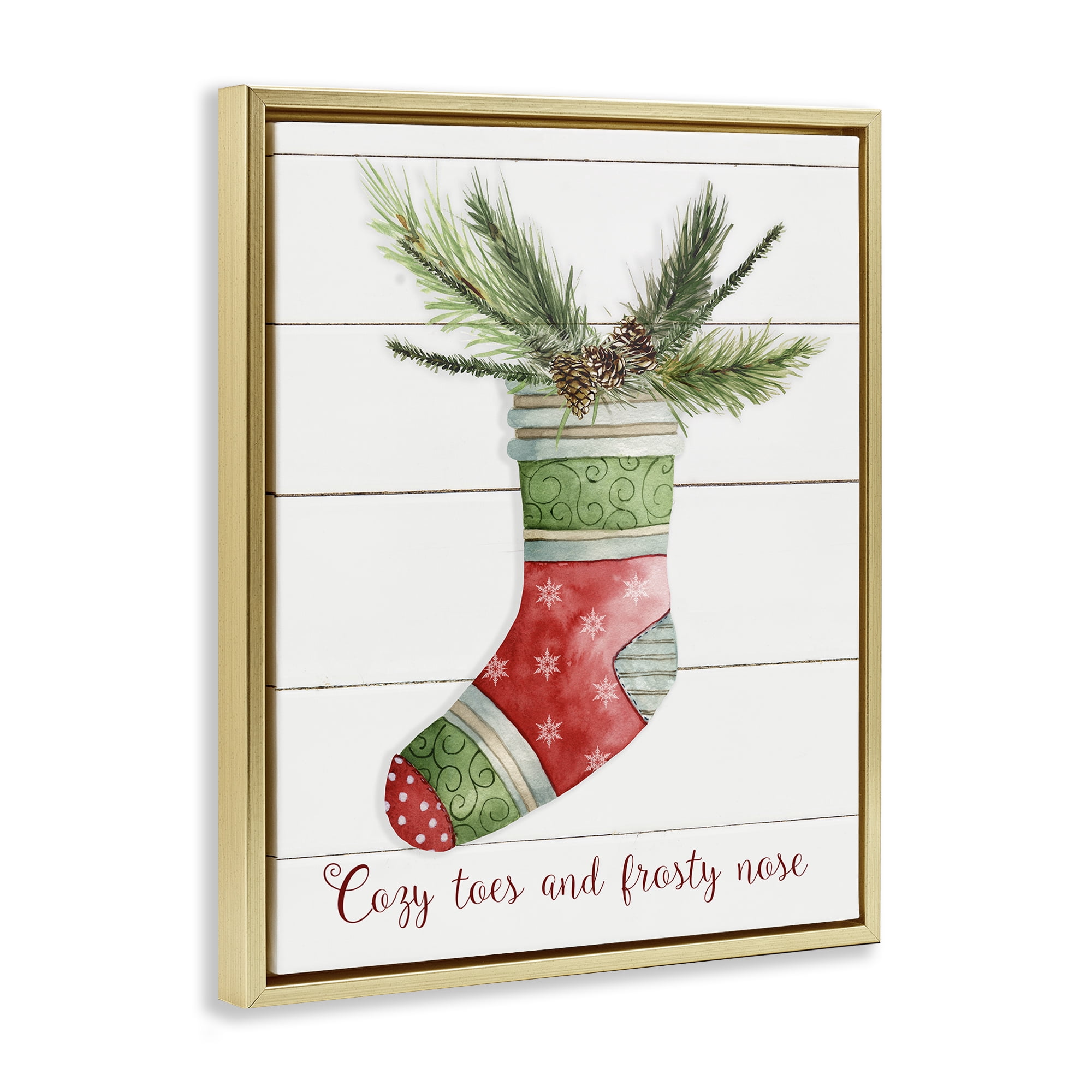Stupell Industries Cozy Toes & Frosty Nose Holiday Painting Gold Floater Framed Canvas Art Prints Wall Art, 25 x 31