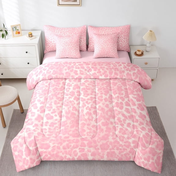 Erosebridal Pink Leopard Print Bedding Full Size, Cheetah Bed Set, Wildlife Animal Reversible Bedding Sets Full Size, Microfiber Bedroom Decoration, 7pcs