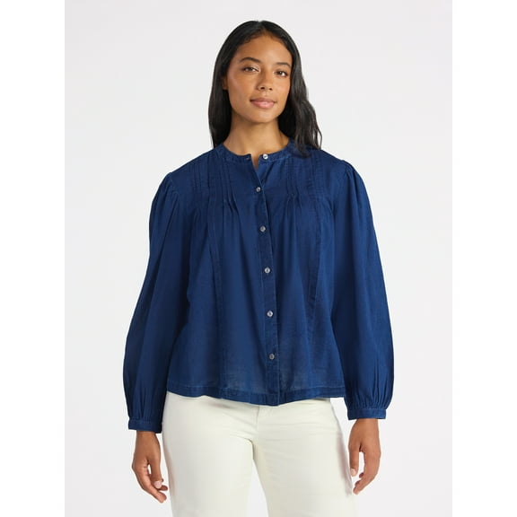 Time and Tru Women's Pintuck Blouse with Long Sleeves, Sizes XS-XXXL