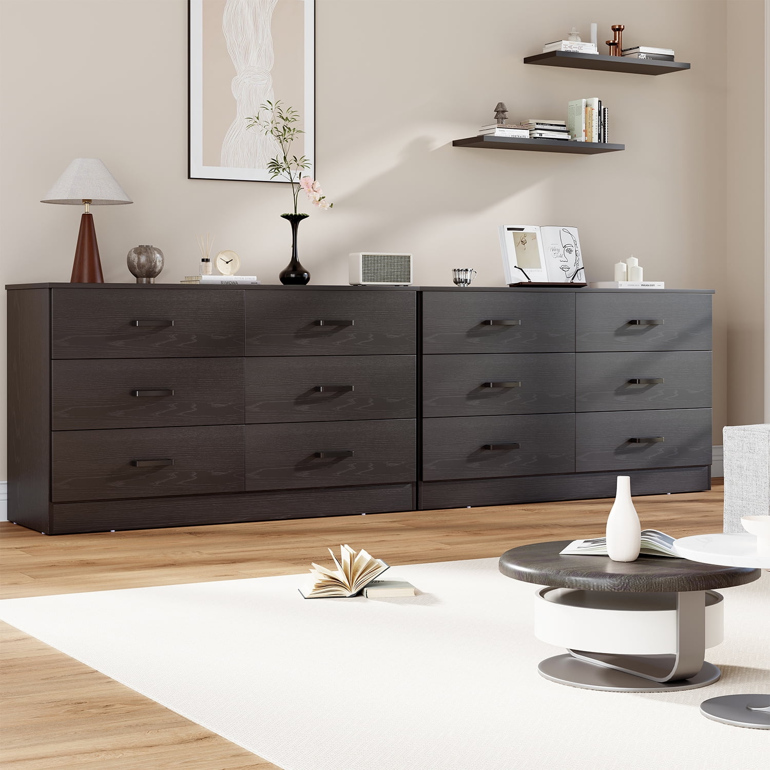 Winkalon 6 Drawer Black Double Dresser,Wood Storage Cabinet with Easy Pull Out Handles for Living Room,Chest of Drawers for Bedroom