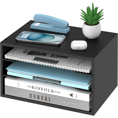 Wood Desk Organizer, 3 Tier Paper Sorter for Desktop with Adjustable Storage Shelves, Desktop Mail Holder for Office Home Classroom, Black