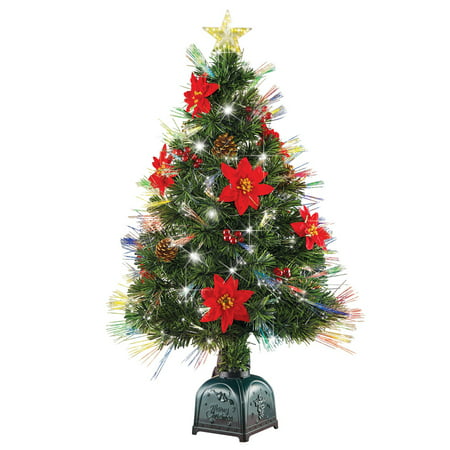 Rotating Poinsettia Tabletop Christmas Tree with Fiber Optic Lights and