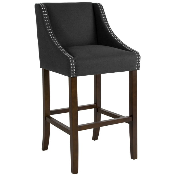 Bar Height Stool With Nailhead Trim, Grey Fabric Bar Stools With Studs And Arms