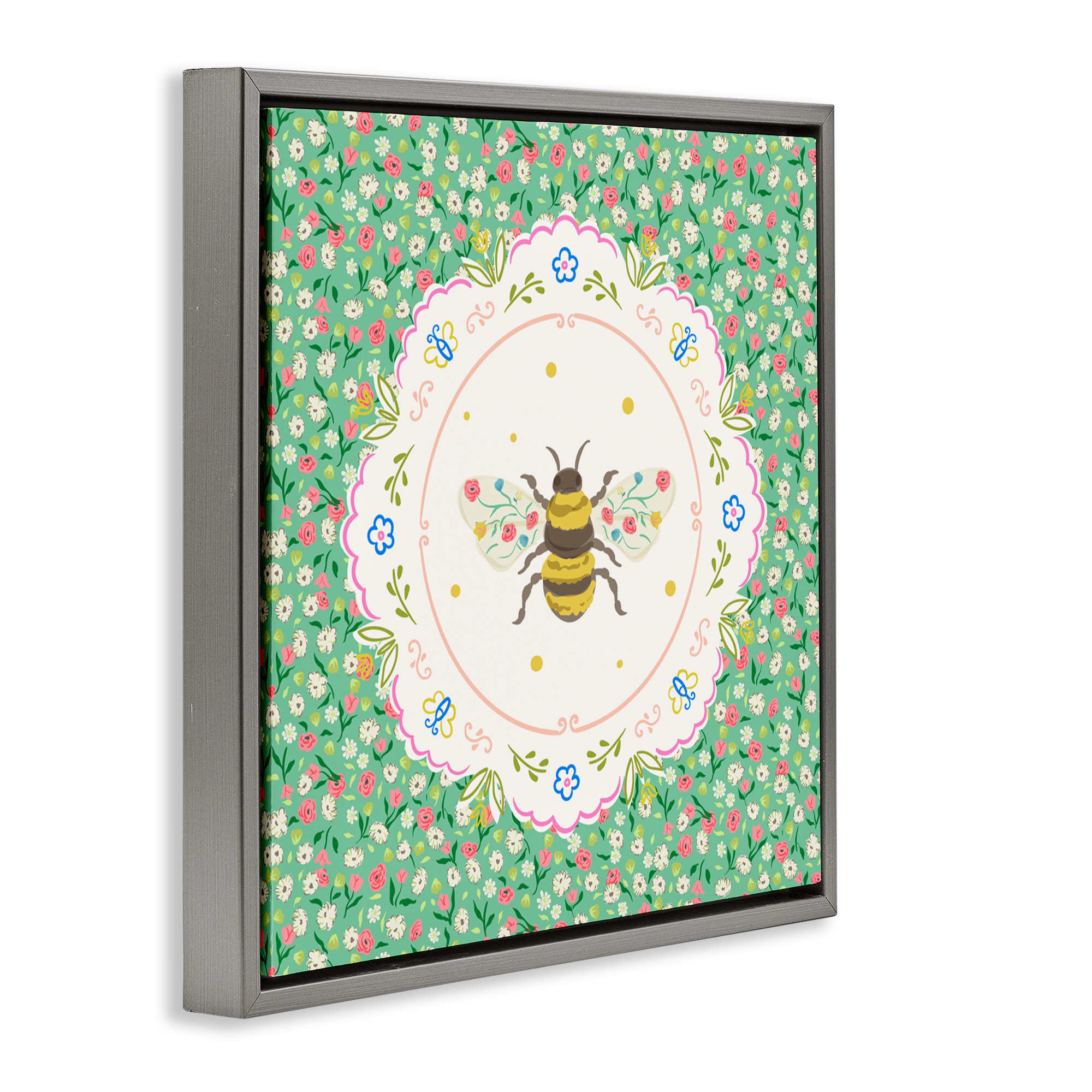 Spring Bee Delicate Florals Gray Framed Floater Canvas Wall Art, design by Angela Steahling