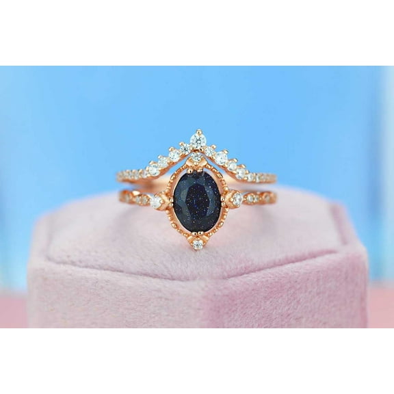 Natural Sandstone Ring Set, 2Ct Oval Cut Sandstone Vintage Ring Set, Rose Gold Ring Unique Curved Ring, Size 8