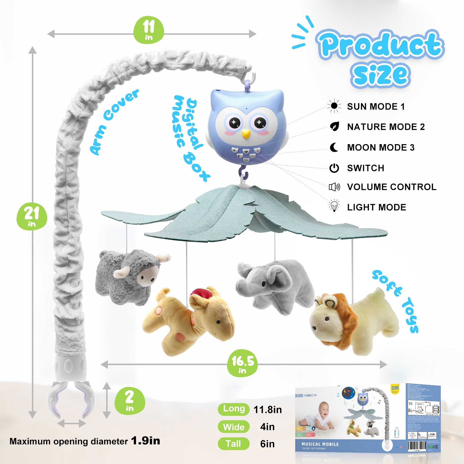 SUMWE Baby Crib Mobile with Music and Lights for Boys Musical Mobile Animals for Crib Bassinet Girls Toys Hanging Portable Safari Nursery Decor Blue