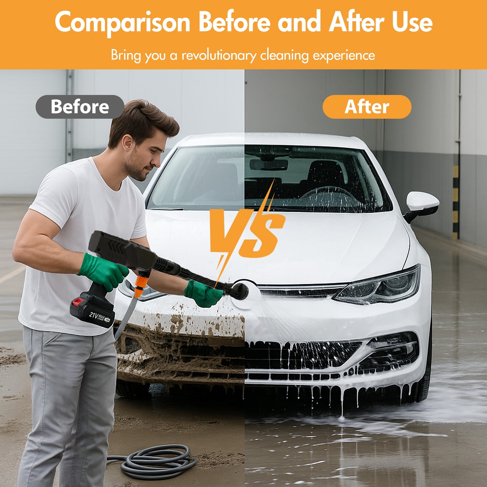 21V 6 In 1 Nozzles Car Power Cleaner Machine, 3200RPM,500PSI, Portable High Pressure Car Wash, Cordless Pressure Washer with 2 Rechargeable Batteries, 32.8FT Water Pipe