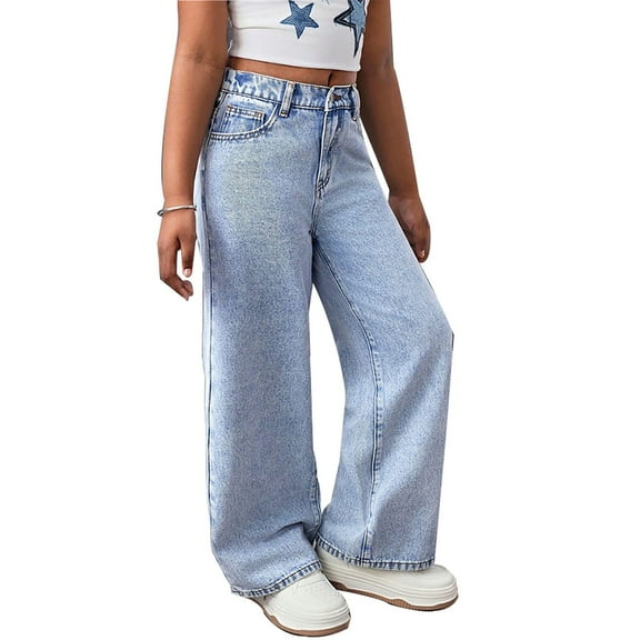 MEZZALL Child Teenage Girls' Fashionable Back Pocket Embroidered Washed Denim Straight Leg Jeans Girls 9 To 13 Holiday Trousers