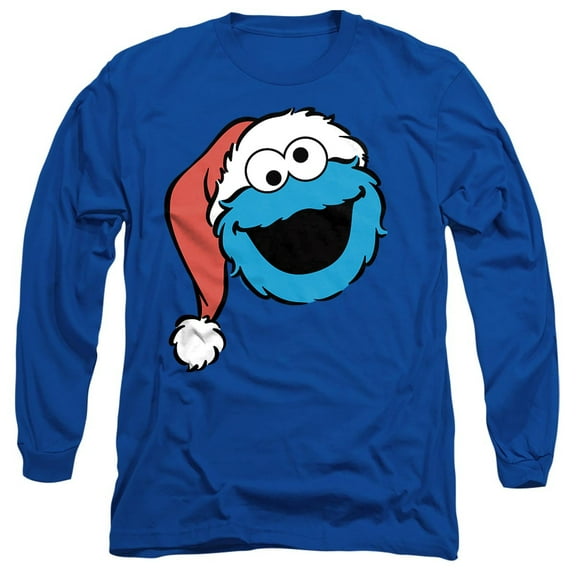 Sesame Street Christmas Santa Hat Cookie Monster Face Unisex Adult Long-Sleeve T Shirt, Royal, Medium