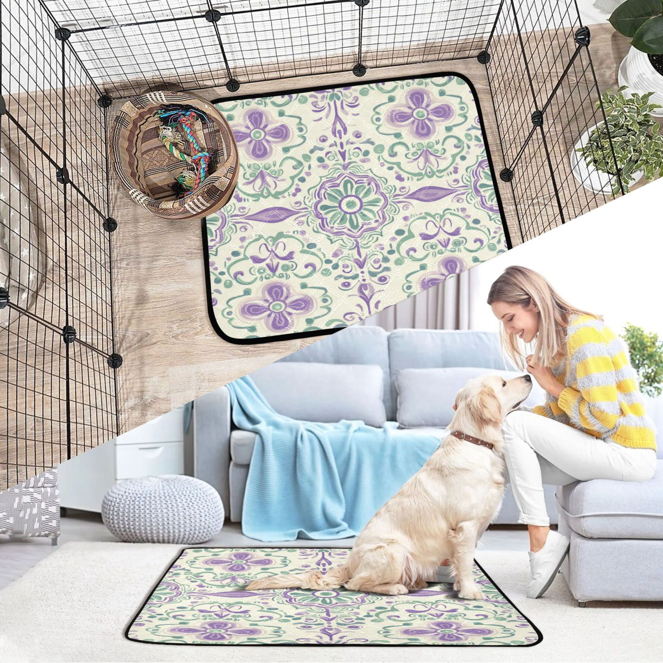 Qxltty Intricate Indian Patterns Cat litter Pads Pet Set of 2 Diaper Mats Center Anti-leakage Layer Absorbent Soft and Comfortable