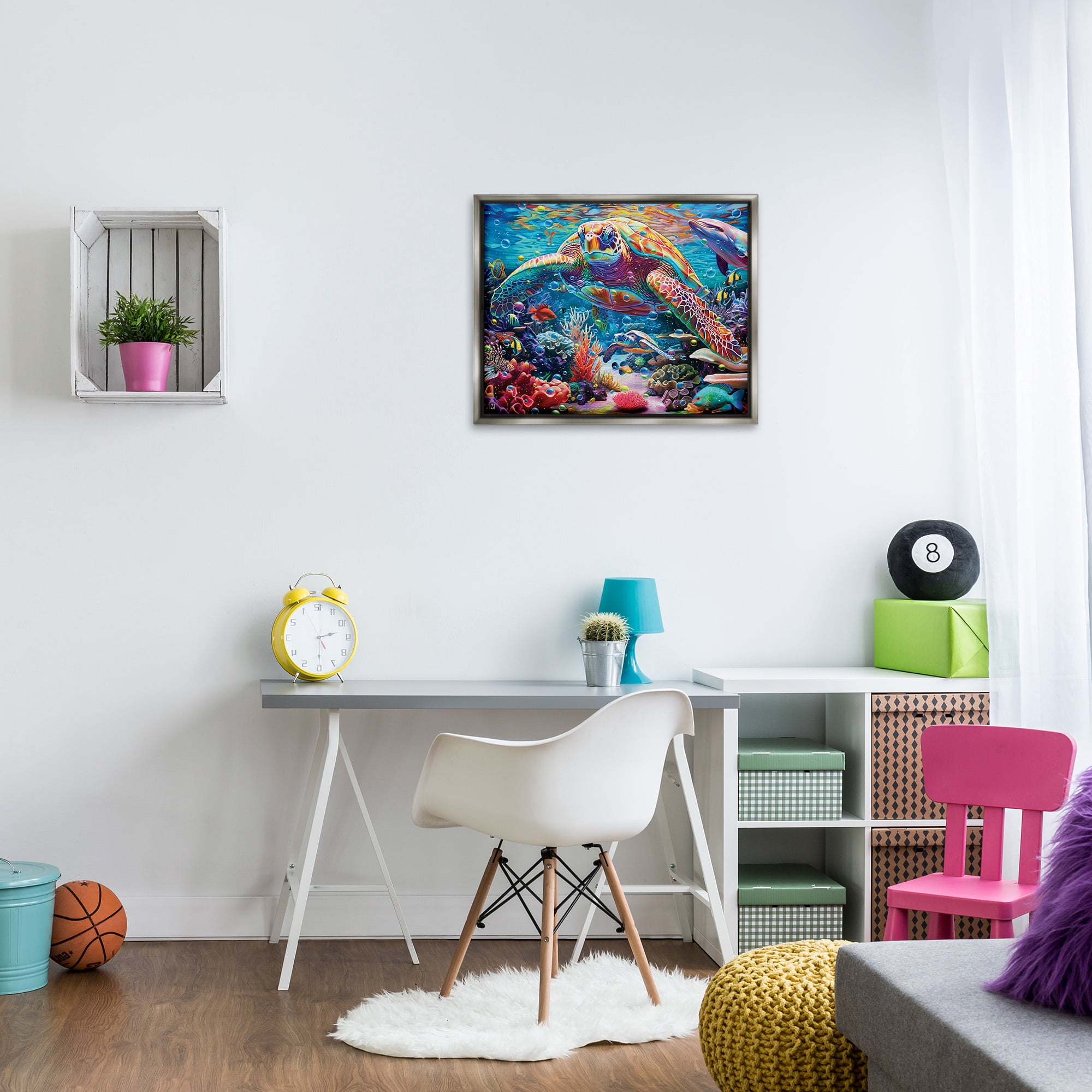 Stupell Industries Vivid Sea Turtle & Reef Animals & Insects Painting Gray Floater Framed Canvas Art Print Wall Art, 31 x 25