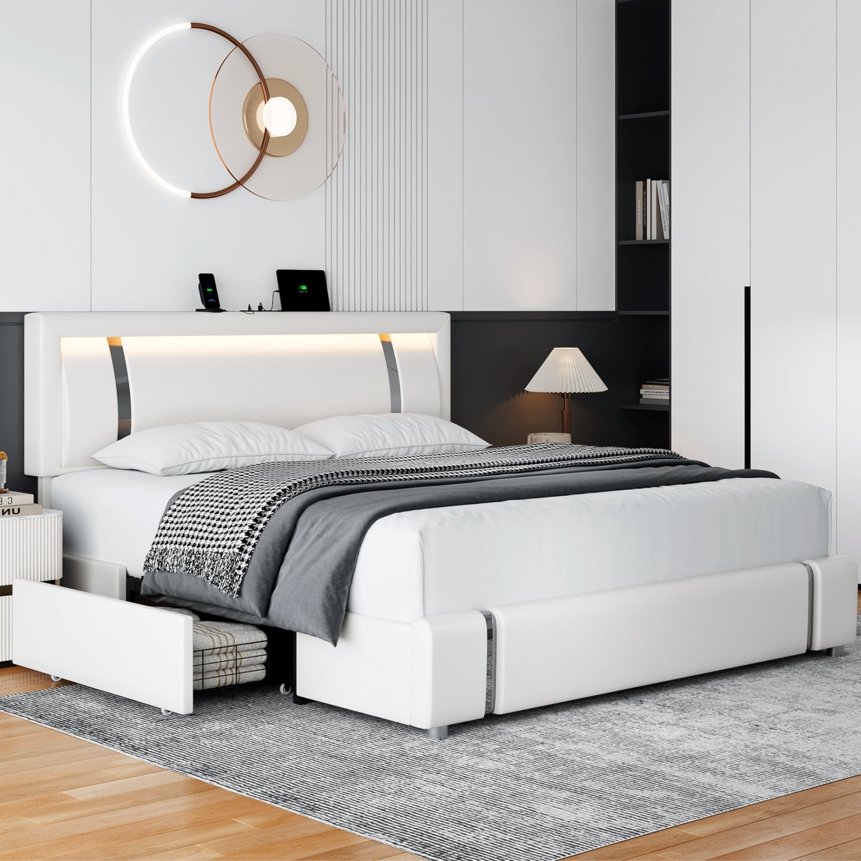 Homfa Full Size LED Bed Frame with 2 Storage Drawer & Charge Station, PU Low Profile Upholstered Platform Full Bed with Adjustable Headboard, White