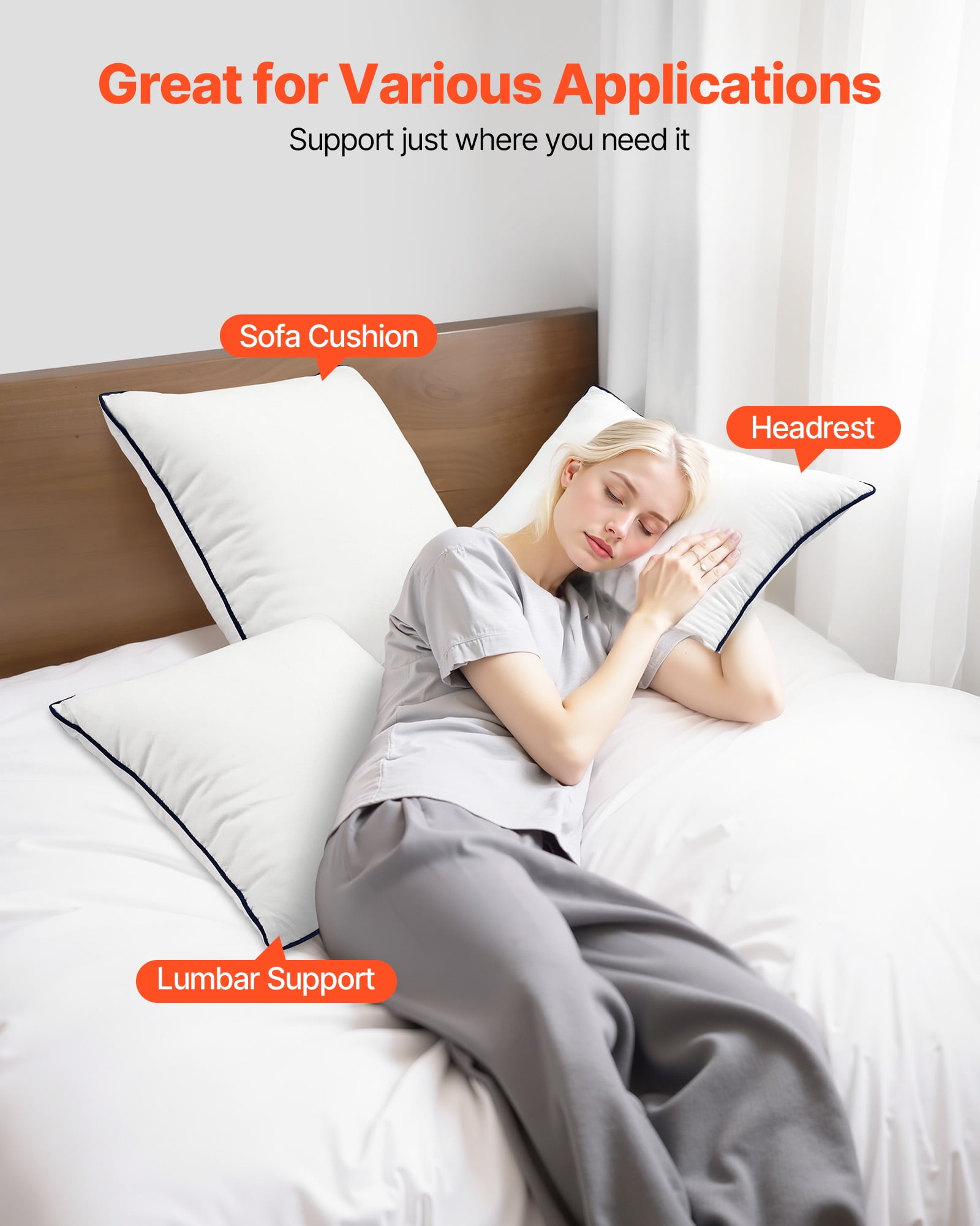 VEVOR 20 x 20 in Throw Pillow Inserts, Set of 2, Firm and Fluffy Decorative Down Alternative Pillows with Polyester Fiber, Square White Cushion with Zipper, for Indoor Bed Couch Sofa and Living Room