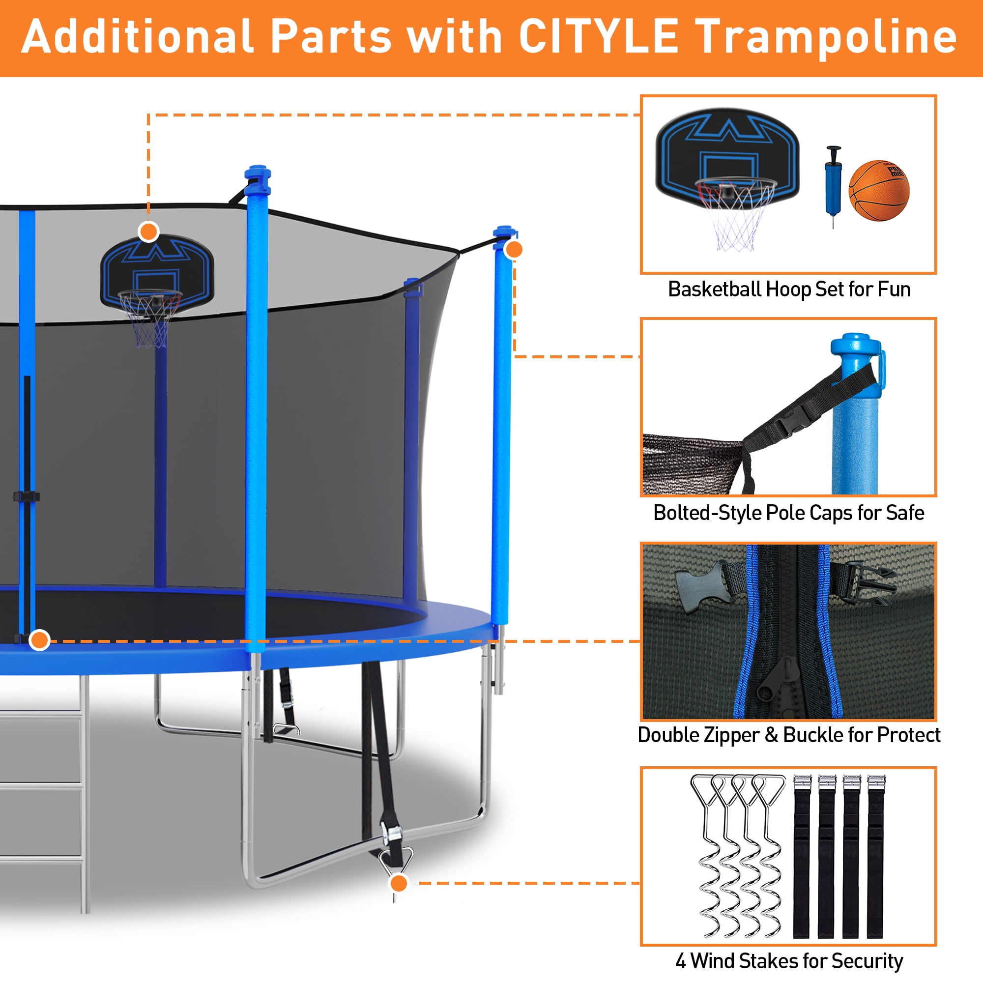 CITYLE Trampoline 12FT Trampoline for Kids and Adults, Outdoor Trampoline with Lights, Trampoline with Enclosure, Basketball Hoop, Wind Stakes, Ladder, Weather Resistant, Easy Assembly, Last Long
