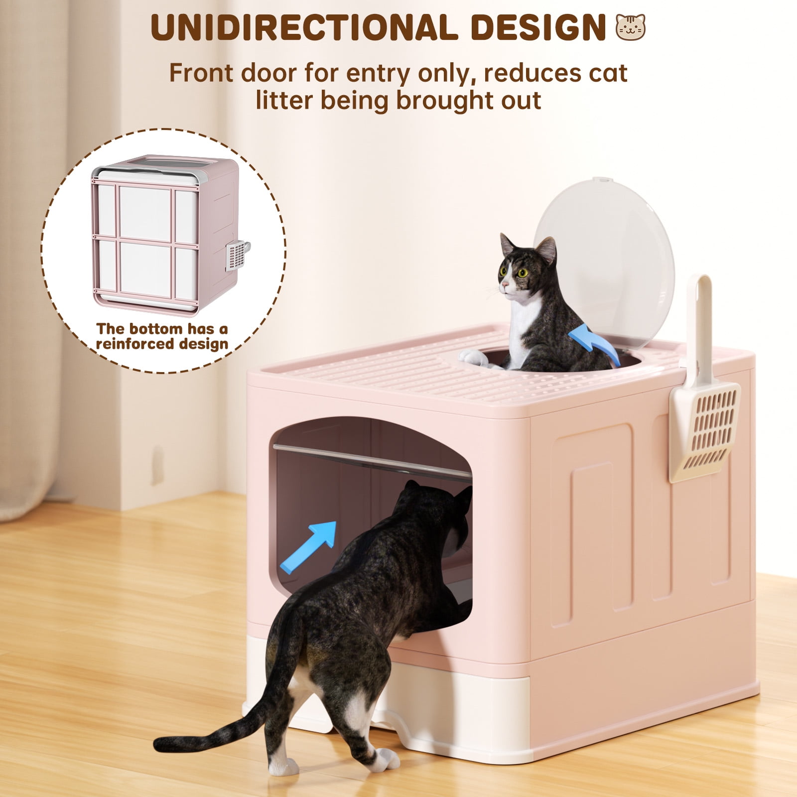 Cshidworld Large Foldable Cat Litter Box with Scoop, Front Entry Top Exit Cat Litter Pan with Lid, Enclosed Anti-Splashing Kitty Litter Box, Drawer Type Cat Litter Easy Cleaning and Scoop, Pink