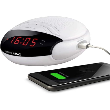 HX-200 Alarm Clock Radio, PLL FM Radio, with Preset Stations, Dual Alarm, 0.6 Red LED Display, USB Port for 1A Charging, Memory Backup, AC Power Operation only. (White)