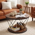thumbnail image 3 of Finmind 2-Tier Solid Wood Round Coffee Table, 31.5" Industrial Circle Center Table with X-Shaped Metal Frame for Living Room, Rustic Brown and Black, 3 of 8