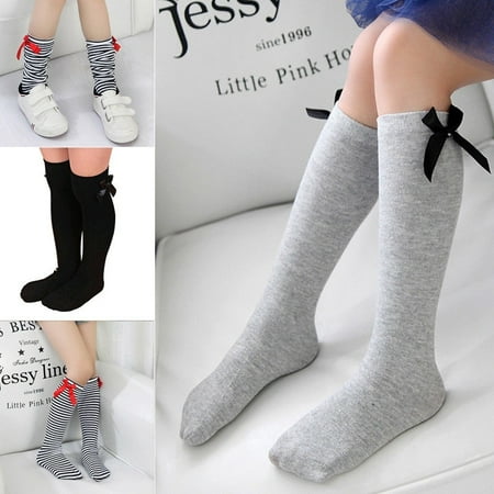 Kids Girls Sweet Princess Bowknot Striped Boot Socks Winter Knee High Warm Socks