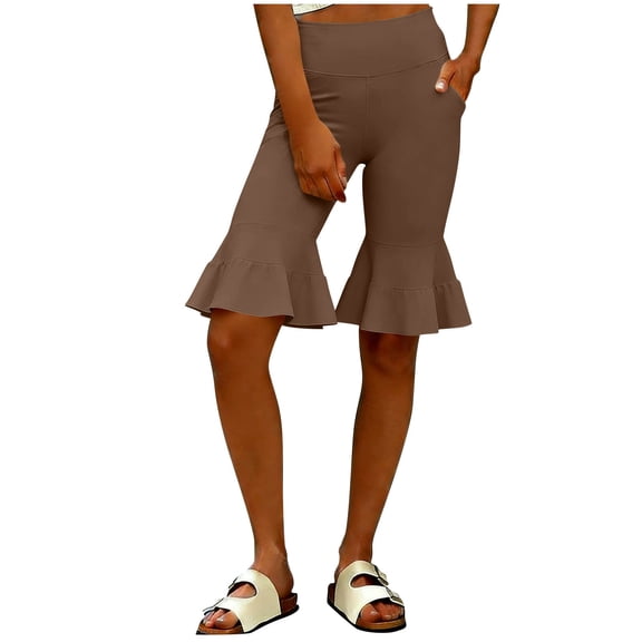 HADST Women's High Waisted Ruffled Flare Shorts Stretchy Elastic Waist Shorts with Side Pockets, Slim Fit for Casual