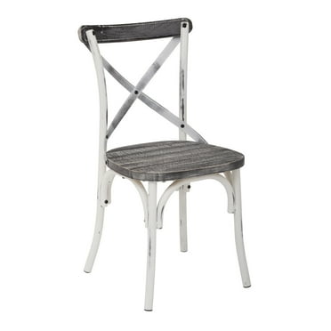 OSP Home Furnishings Somerset X-Back Antique White Metal Chair with Hardwood Vintage Crazy horse Seat Finish