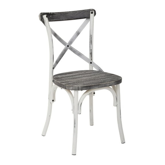 OSP Home Furnishings Somerset X-Back Antique White Metal Chair with Hardwood Vintage Crazy horse Seat Finish