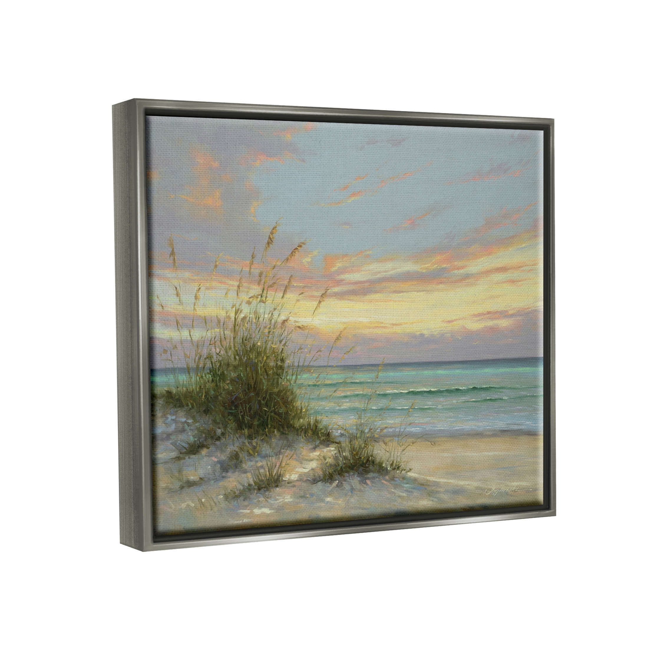 Beach Grass Vivid Sunset Coastal Painting Luster Gray Framed Art Print Wall Art