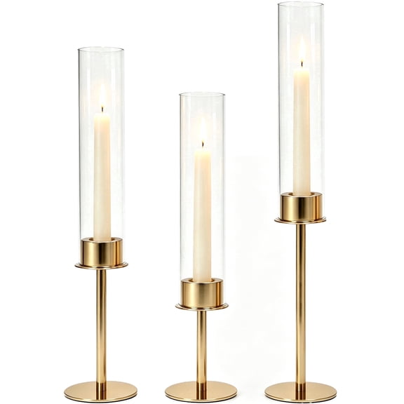 HIDAWN Gold Hurricane Candle Holders Set of 3, Modern Metal Taper Candle Holder with Clear Glass Cylinder, Indoor/Outdoor Elegant Centerpiece Candlestick Holders