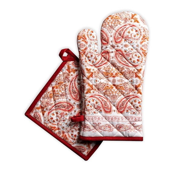 Maison d' Hermine Orient 100% Cotton Set of Oven Mitt (7.5 Inch by 13 Inch) and Pot Holder (8 Inch by 8 Inch) for BBQ Cooking Baking Grilling Microwave Barbecue Thanksgiving/Christmas